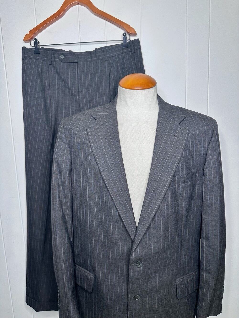 Tom James Corporate Image Striped Gray SUIT Custom 42R 36x30 - Suspenders Cuffed